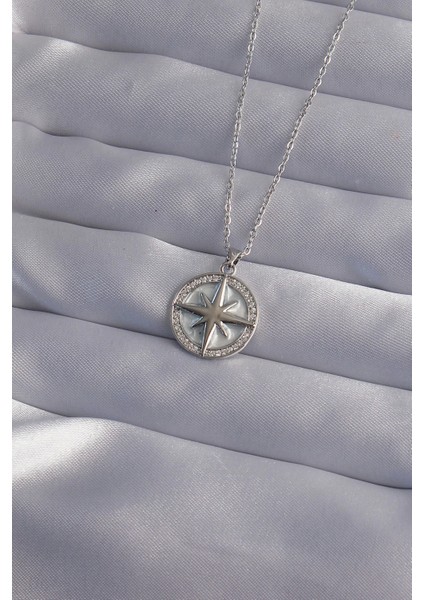 Bfs 316L Çelik Zincir Gümüş Renk Zirkon Taşlı Kutup Yıldızı Kolye