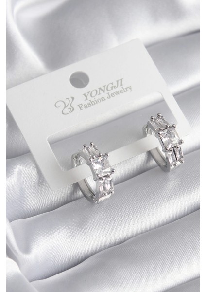 Bfs Pirinç Gümüş Renk Kare Zirkon Taşlı Kadın Küpe