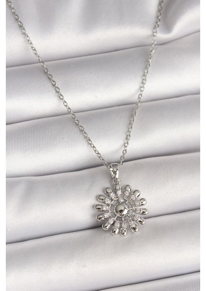 Bfs 316L Çelik Gümüş Renk Zincir Zirkon Taşlı Güneş Model Kadın Kolye