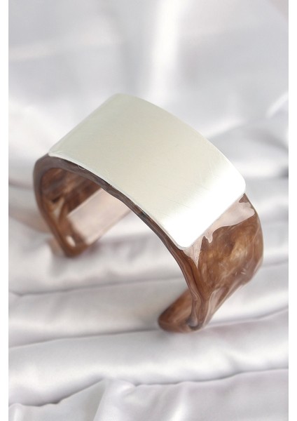 Bfs Kahverengi Mermer Desen Akrilik Plastik Gümüş Dikdörtgen Plaka Vintage Kadın Bilezik