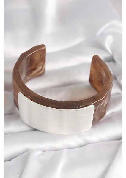 Bfs Kahverengi Mermer Desen Akrilik Plastik Gümüş Dikdörtgen Plaka Vintage Kadın Bilezik fiyatları