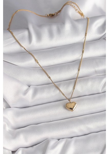 Bfs 316L Çelik Gold Renk Zincir Love Işlemeli Kalp Figür Kadın Kolye fiyatları