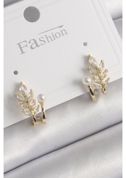 Bfs Pirinç Gold Renk Zirkon Taşlı Yaprak Model Inci Detay Küpe