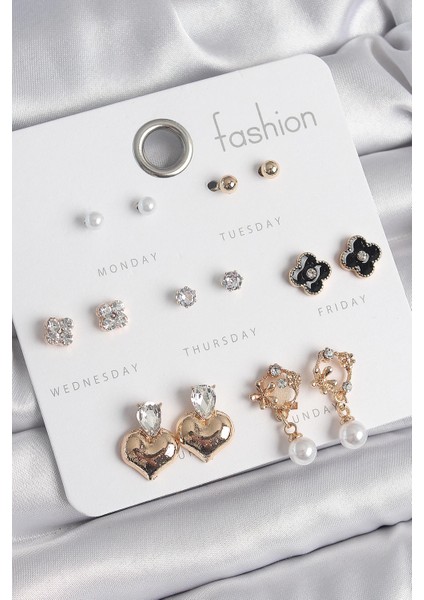 Bfs Pirinç Gold Renk Zirkon Taşlı Kalp Figür Siyah Yonca Detay 7 Çift Kadın Küpe Seti