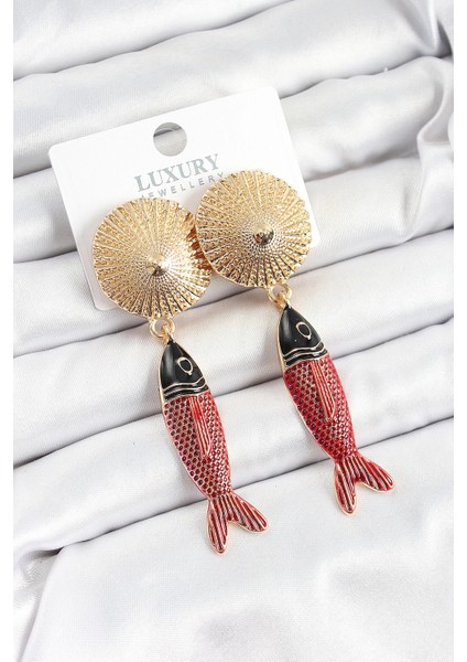 Bfs Pirinç Sallantılı Zirkon Taşlı Kırmızı Siyah Balık Model Gold Renk Kadın Küpe