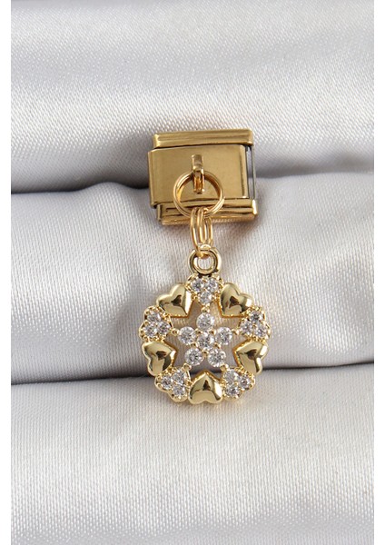 Bfs 316L Çelik Sallantılı Zirkon Taşlı Kalp Detaylı Yıldz Model Gold Renk Nomination Charm