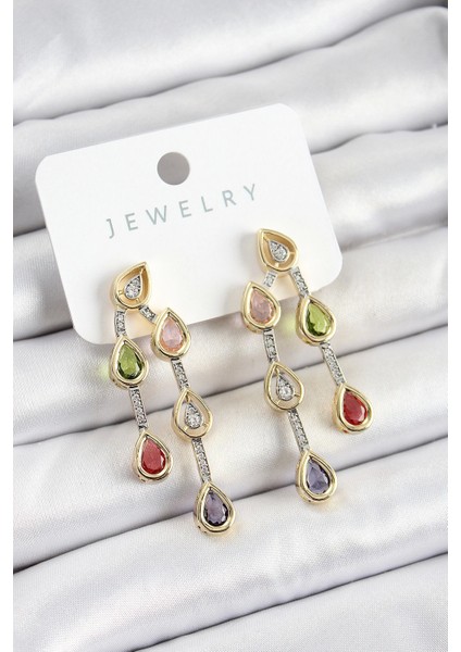 Bfs Pirinç Çoklu Damla Model Karşık Zirkon Taşlı Gold ve Gümüş Renk Kadın Küpe