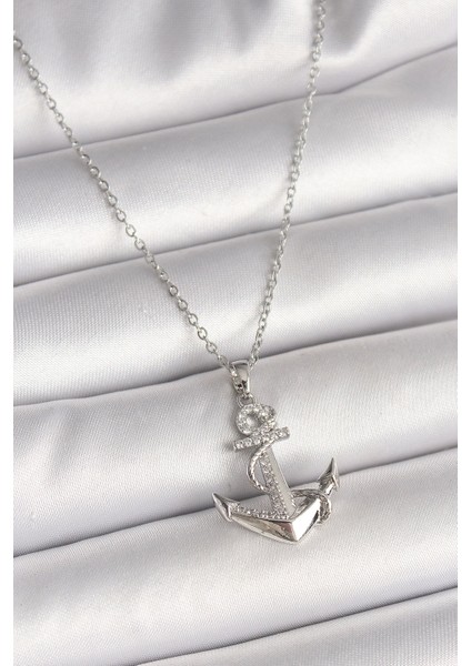 Bfs 316L Çelik Gümüş Renk Zincir Zirkon Taş Detaylı Çapa Model Kadın Kolye