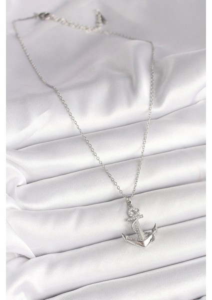 Bfs 316L Çelik Gümüş Renk Zincir Zirkon Taş Detaylı Çapa Model Kadın Kolye fiyatları