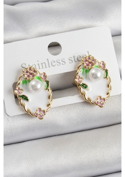 Bfs Pirinç Beyaz Mineli Inci Detaylı Sanatsal Portre Model Gold Renk Kadın Küpe