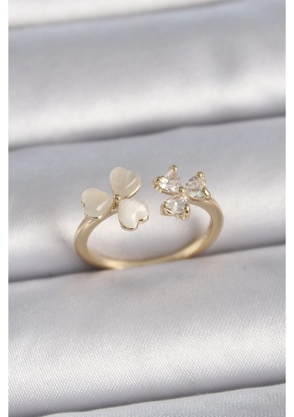 Bfs Pirinç Gold Renk Ayarlanabilir Zirkon Taşlı Kalp Beyaz Mineli Model Kadın Yüzük