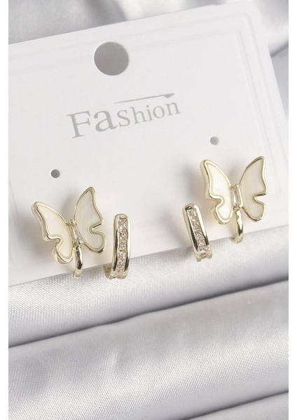 Bfs Pirinç Gümüş Renk Zirkon Taş Detaylı Beyaz Sedefli Kelebek Model Kadın Küpe