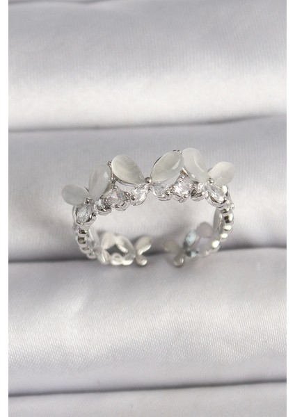 Bfs Pirinç Gümüş Renk Zirkon Taşlı Beyaz Mineli Kelebek Model Ayarlanabilir Yüzük