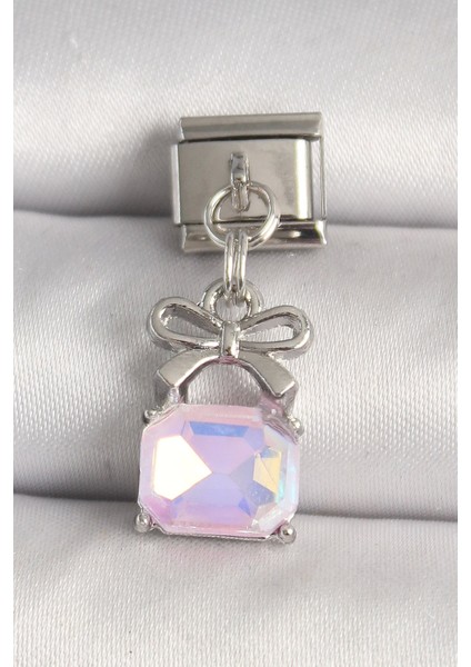 Bfs 316L Çelik Gümüş Renk Pembe Zirkon Taşlı Çanta Model Nomination Charm