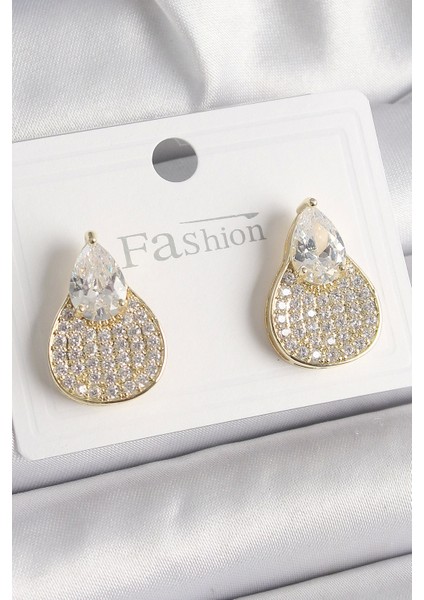 Bfs Pirinç Gold Renk Zirkon Taşlı Damla Model Kadın Küpe