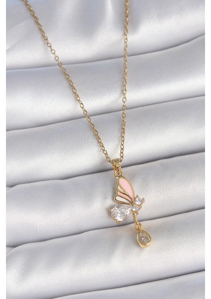 Bfs 316L Çelik Gold Renk Zincir Damla Zirkon Taşlı Kelebek Model Sallantı Detay Kadın Kolye