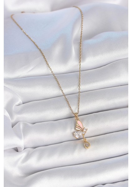 Bfs 316L Çelik Gold Renk Zincir Damla Zirkon Taşlı Kelebek Model Sallantı Detay Kadın Kolye fiyatları