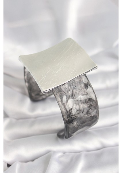 Bfs Siyah Mermer Desen Akrilik Plastik Gümüş Kare Plaka Model Vintage Kadın Bilezik