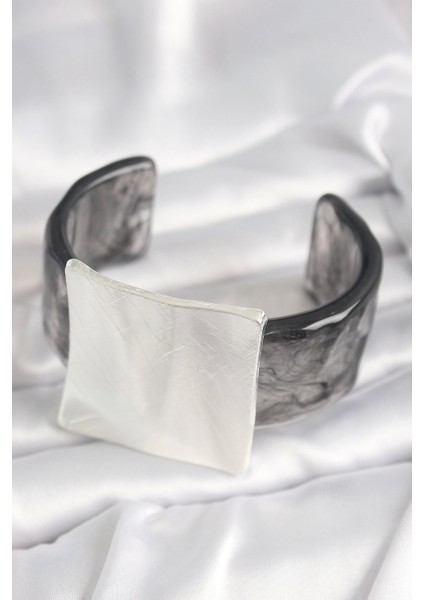 Bfs Siyah Mermer Desen Akrilik Plastik Gümüş Kare Plaka Model Vintage Kadın Bilezik fiyatları