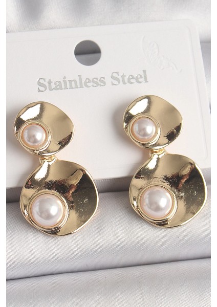 Bfs Pirinç Gold Renk Sallantı Inci Detaylı Daire Plaka Model Kadın Küpe