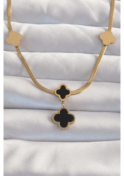 Bfs 316L Çelik Gold Renk Italyan Zincirli Mineli Yonca Kolye