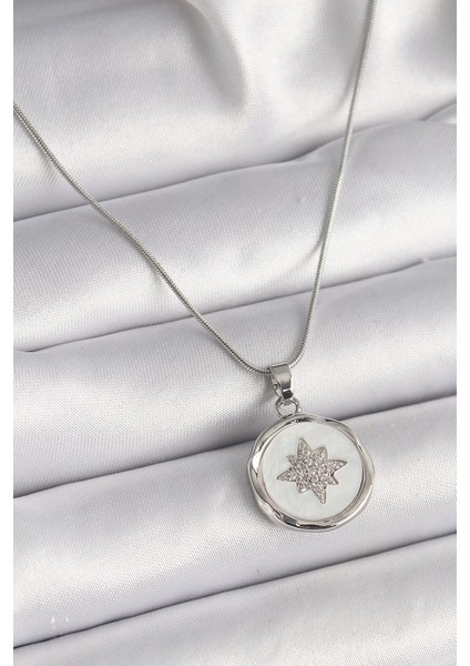 Bfs 316L Çelik Gümüş Renk Zincir Beyaz Sedefli Zirkon Taşlı Yıldız Işleme Model Kadın Kol