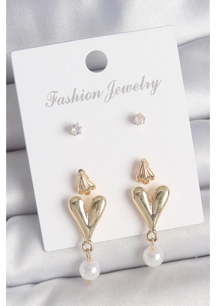 Bfs Pirinç Gold Renk Zirkon Taşlı Incili Sallantılı Kalp Model 3 Çift Kadın Küpe Seti