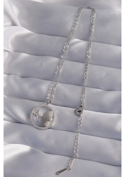 Bfs 316L Çelik Zincir Gümüş Renk Zirkon Taşlı Yıldız Figürlü Oval Kolye fiyatları