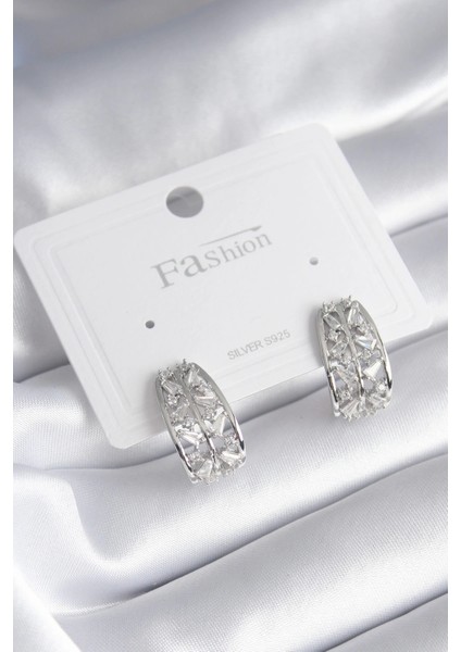 Bfs Pirinç Gümüş Renk Zirkon Taşlı Kadın Küpe