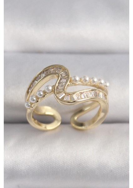 Bfs Pirinç Gold Renk Zirkon Taşlı Inci Detay Vıp Seri Kadın Yüzük