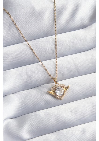 Bfs 316L Çelik Gold Renk Zincir Zirkon Taşlı Kalp Model Kadın Kolye