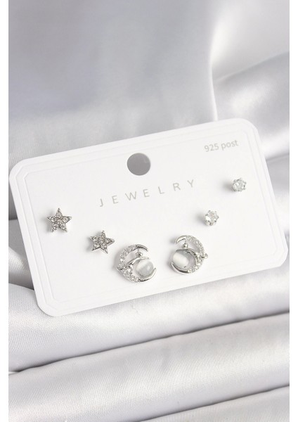 Bfs 925 Ayar Gümüş Çivi Zirkon Taşlı Hilal Yıldız Model Kadın Küpe Seti