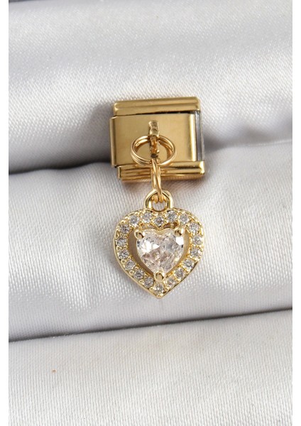 Bfs 316L Çelik Sallantılı Zirkon Taşlı Kalp Model Gold Renk Nomination Charm