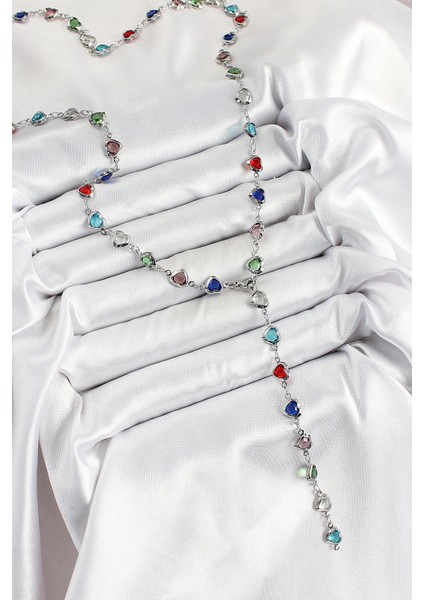 Bfs Pirinç Gümüş Renk Karışık Renk Zirkon Taşlı Kalpli Y Kadın Kolye