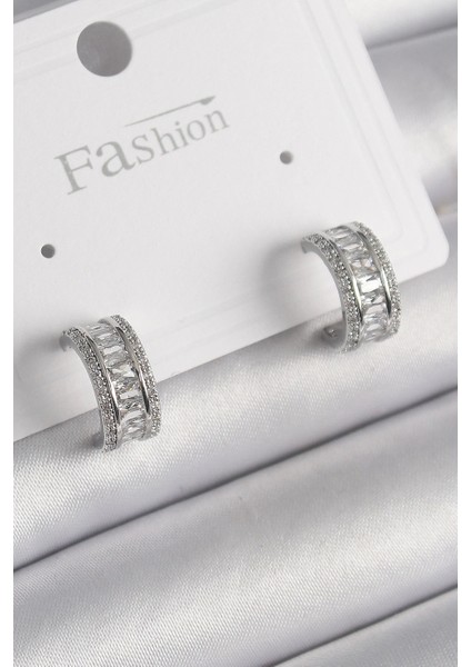 Bfs Pirinç Gümüş Renk Zirkon Taşlı Halka Model Kadın Küpe