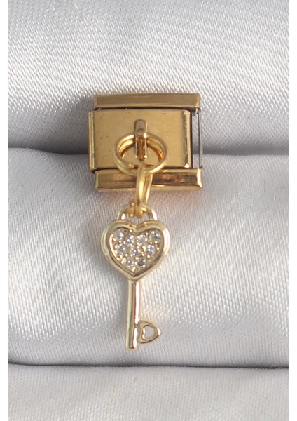 Bfs 316L Çelik Gold Renk Sallantı Zirkon Taşlı Kalpli Anahtar Model Nomination Charm