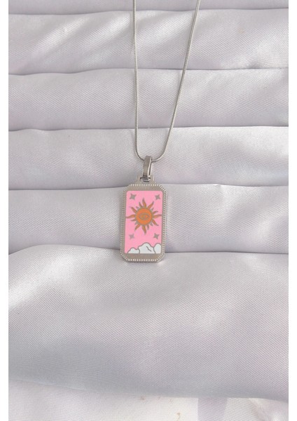 Bfs 316L Çelik Gümüş Renk Pembe Mineli Güneş Model Tarot Kolye