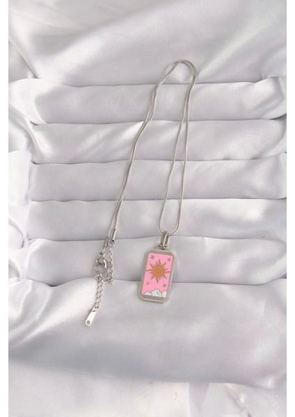 Bfs 316L Çelik Gümüş Renk Pembe Mineli Güneş Model Tarot Kolye fiyatları