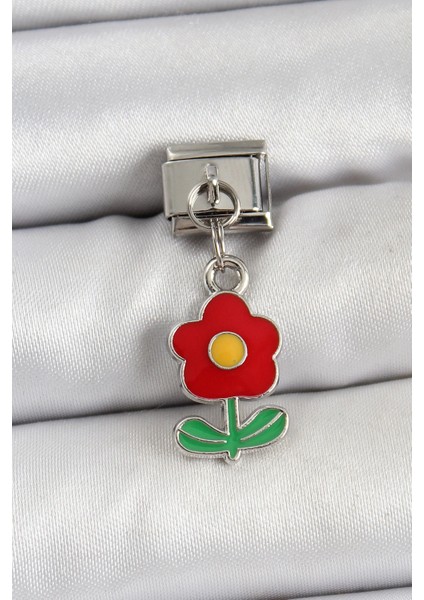 Bfs 316L Çelik Sallantılı Kırmızı Papatya Model Gümüş Renk Nomination Charm
