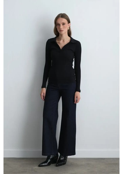 Polo Yakalı Pamuk Örme Bluz - Siyah