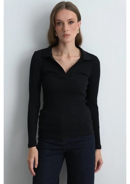 Polo Yakalı Pamuk Örme Bluz - Siyah fiyatları
