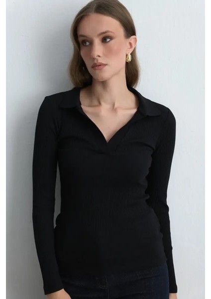 Polo Yakalı Pamuk Örme Bluz - Siyah modelleri