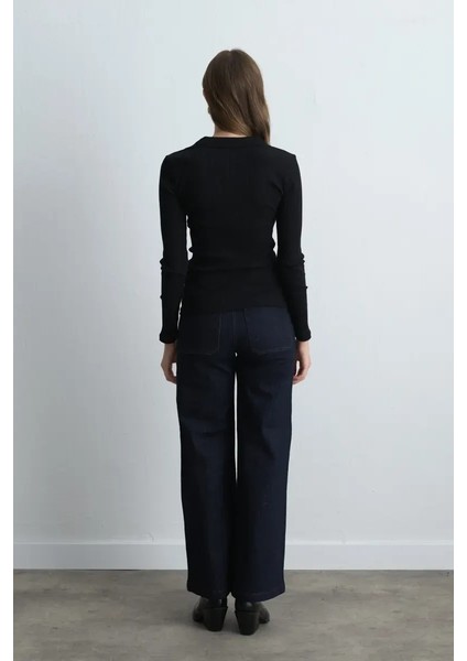 Polo Yakalı Pamuk Örme Bluz - Siyah fırsatları