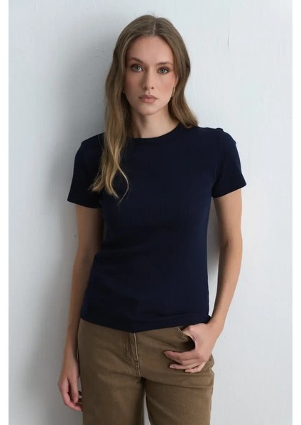 Kısa Kollu Basic Pamuk Tshirt - Lacivert