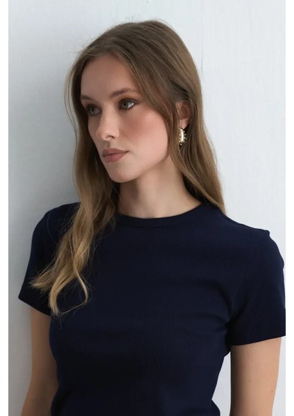 Kısa Kollu Basic Pamuk Tshirt - Lacivert modelleri