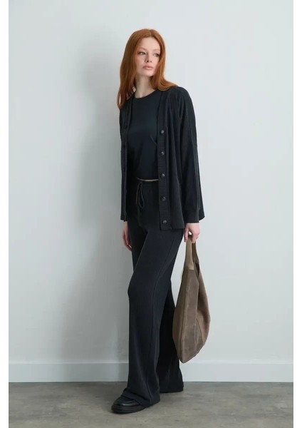 Fitilli Modal Örme Hırka - Gri