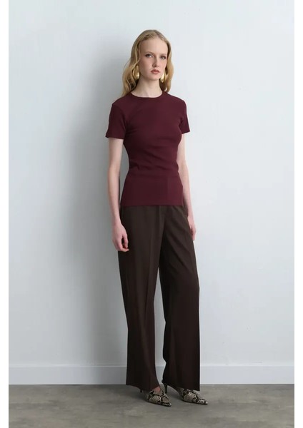 Kısa Kollu Basic Pamuk Tshirt - Bordo