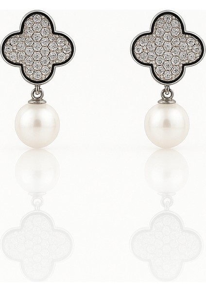 White Gold Plated Pearl Clover Drop Küpe