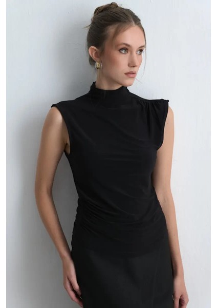 Dik Yakalı Jarse Bluz - Siyah modelleri