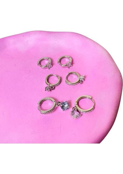 8835 6’lı Gümüş Renk Paslanmaz Çelik 3 Model Küpe Seti